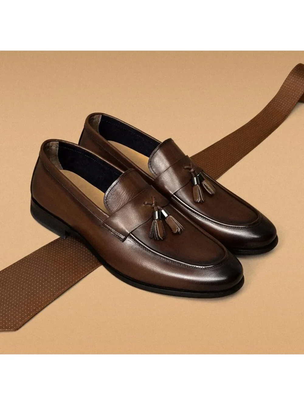 Women's Brown Leather Loafers Dress Slip On Tassel Loafer Shoes Business Causal